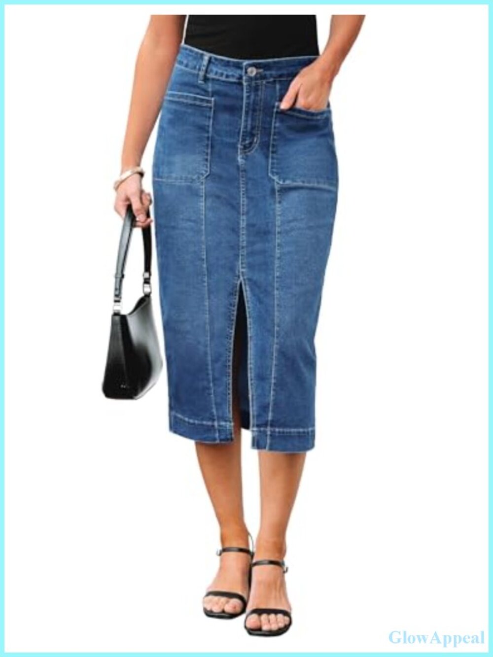High Waisted Denim Midi Skirt with Slit & Pockets